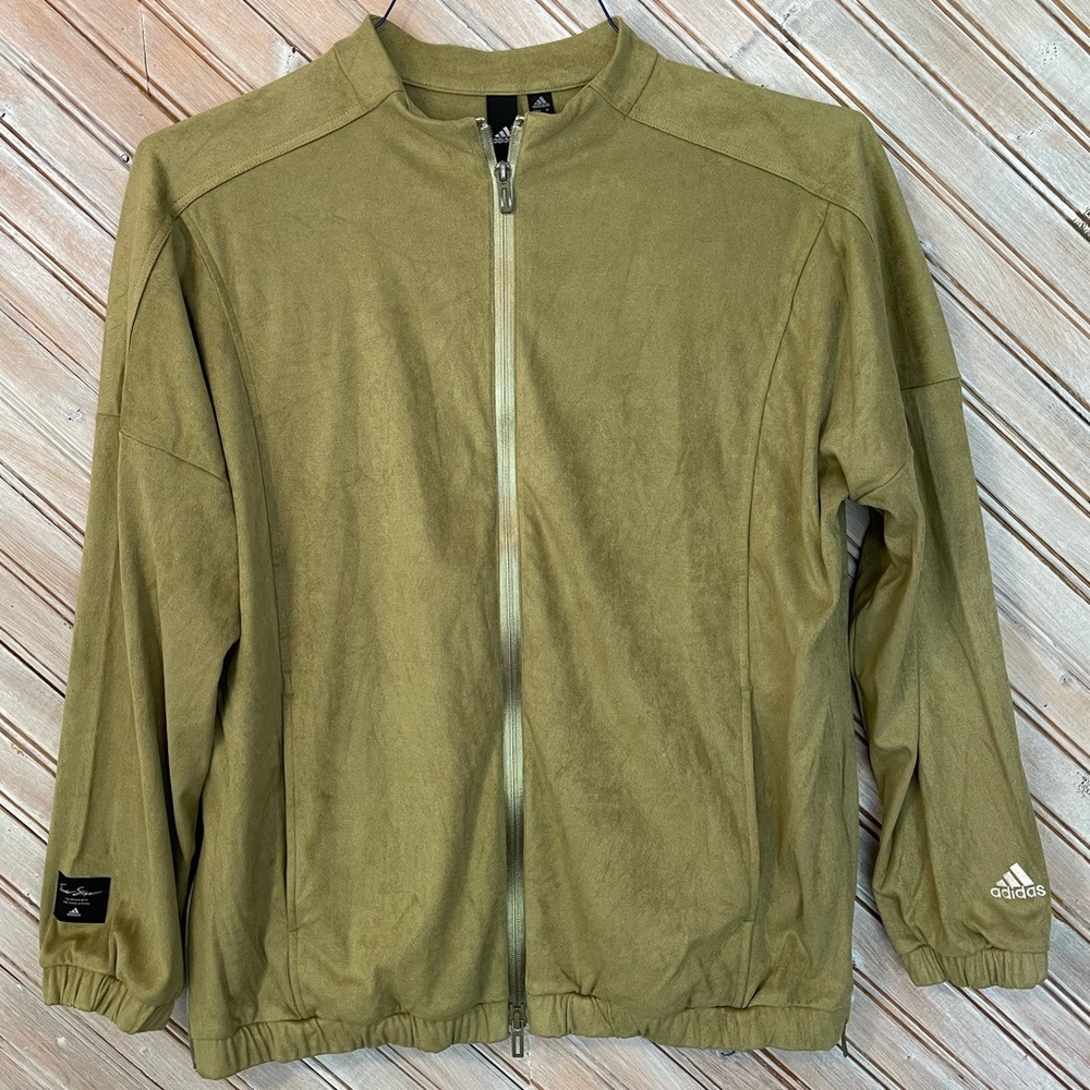 Adidas 3 Stripe Tan Green Suede Looking Jacket Double Zipper